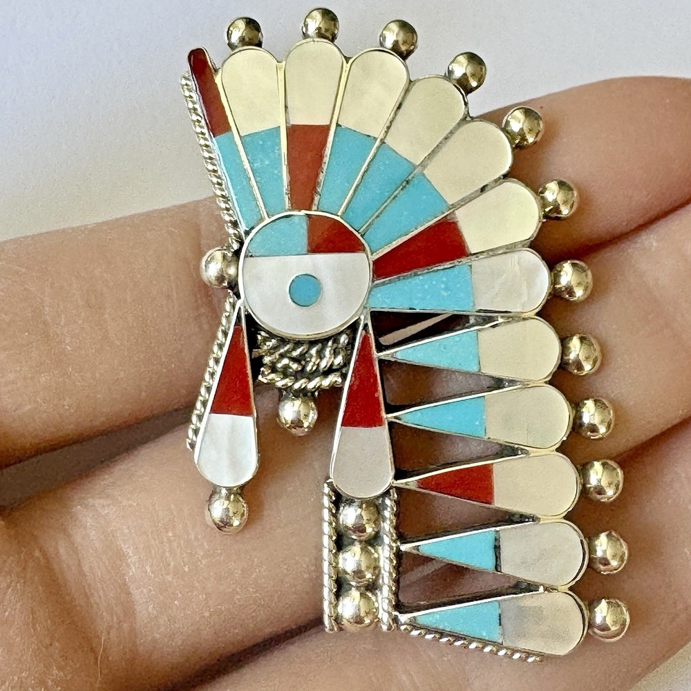 Zuni‎ Kachina Dancer Pendant Turquoise Brooch Signed Sterling Native Headress